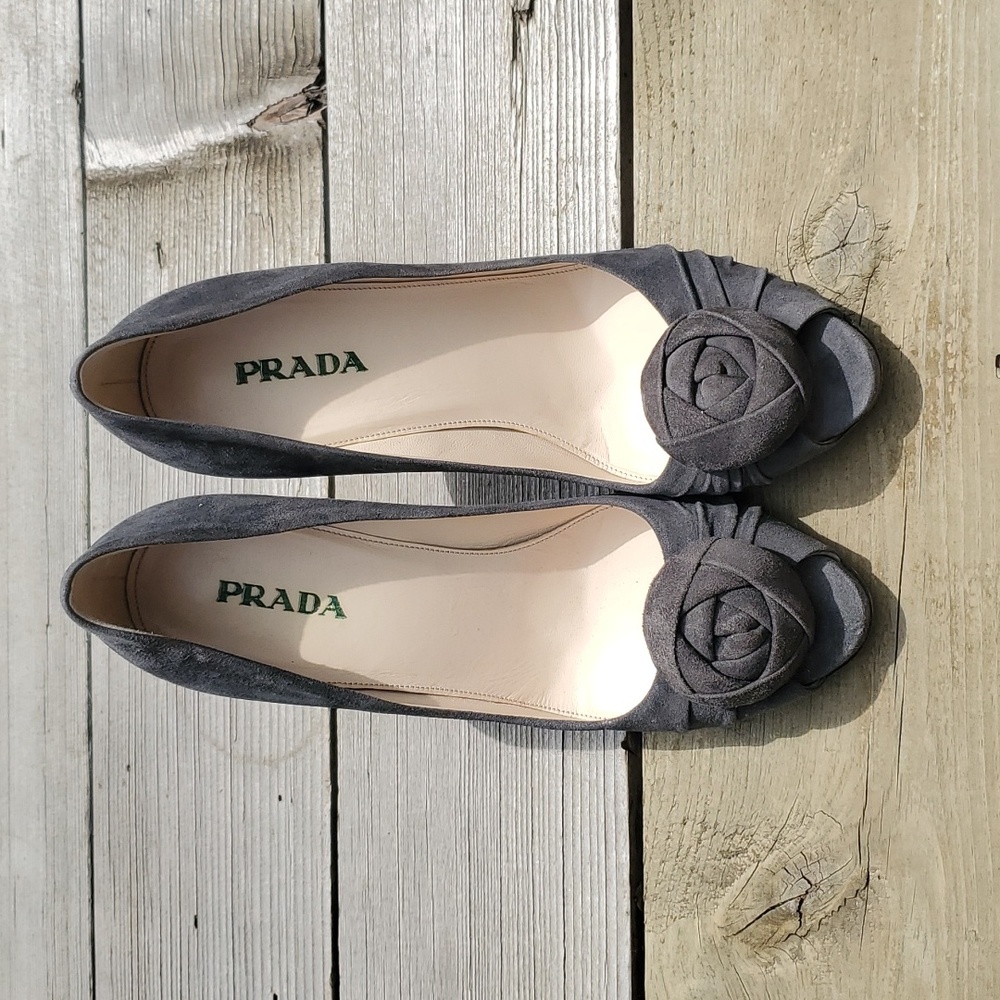 Prada suede peeptoe pumps with rosette